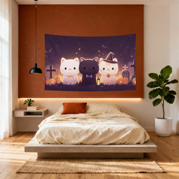 Kawaii Halloween cats tapestry with white and black cats, one wearing a witch hat, in a glowing graveyard with pumpkins and s