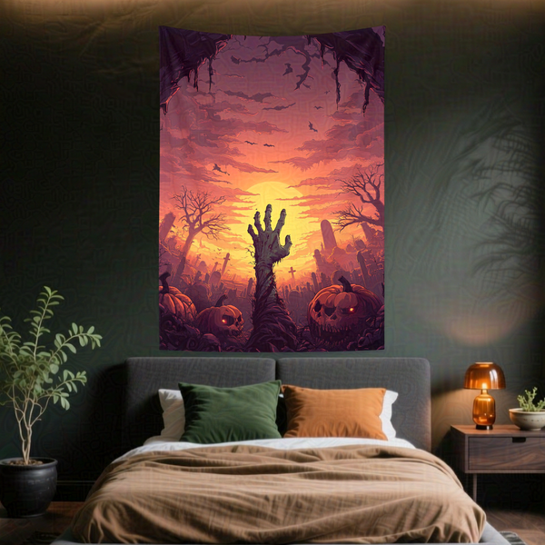Spooky zombie hand rising from a graveyard at sunset with jack-o-lanterns, bats, and gothic archway. Halloween art.