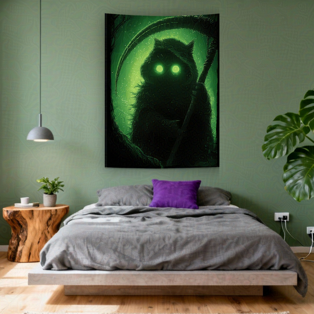 Dark fantasy tapestry depicting a hooded, furry green creature with glowing eyes, holding a scythe, against a mystical green 