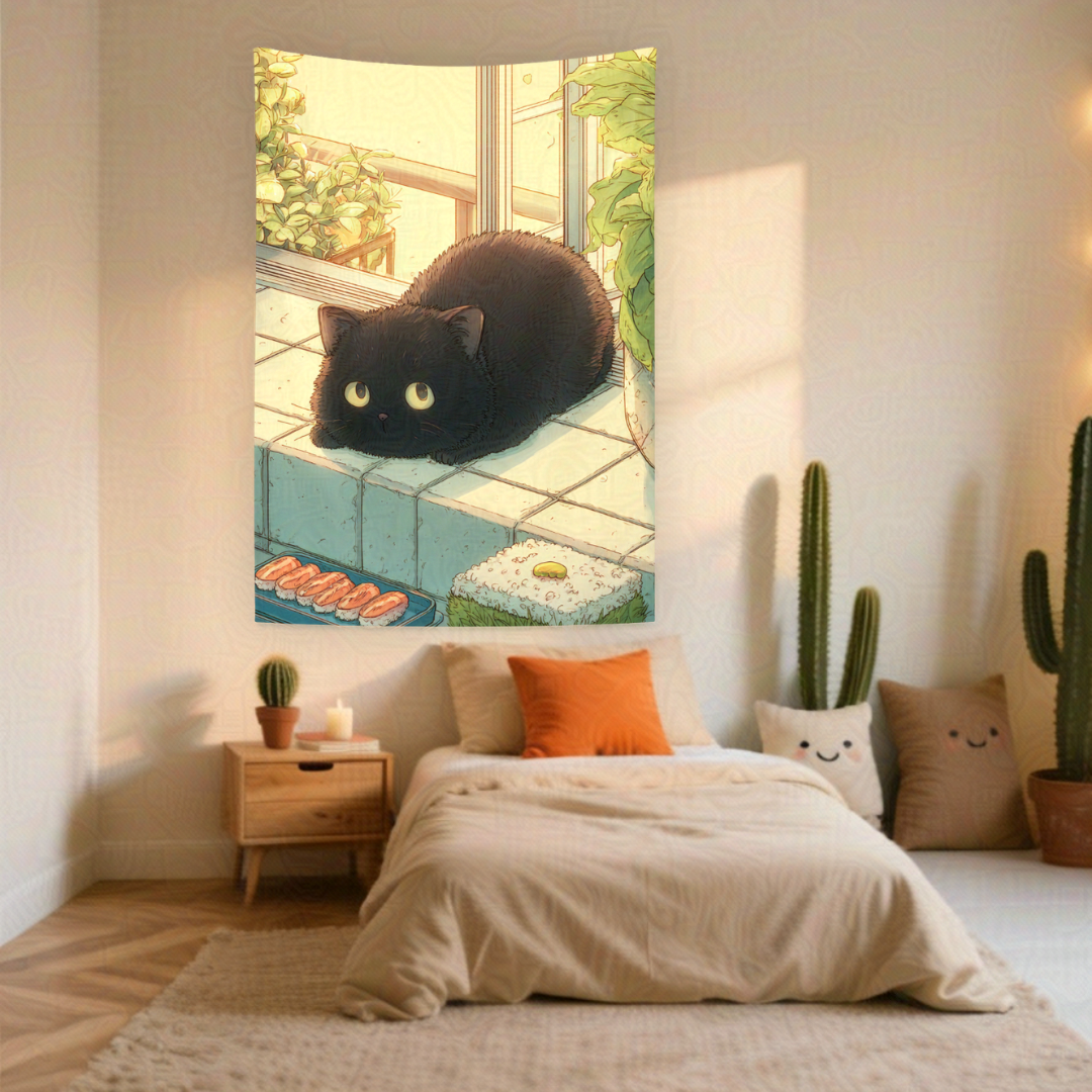 Cute black fluffy cat with big yellow eyes watching sushi in a sunny anime kitchen. Yellow, black, green, and teal.